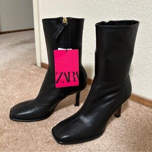 ZARA New Leather Square Toed Heeled Boots (Never Worn)